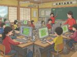 小学校で学生がパソコンを習っているイメージイラスト