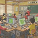 小学校で学生がパソコンを習っているイメージイラスト