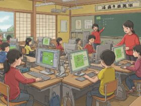 小学校で学生がパソコンを習っているイメージイラスト