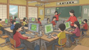 小学校で学生がパソコンを習っているイメージイラスト