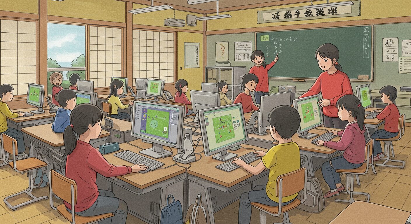 小学校で学生がパソコンを習っているイメージイラスト